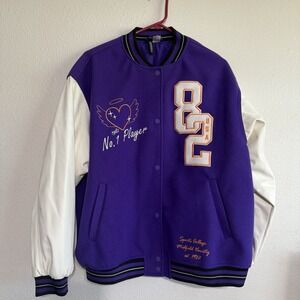 H&M DIVIDED PURPLE TWILL BASEBALL VARSITY‎ LOOSE FIT BOMBER JACKET WOMEN Large